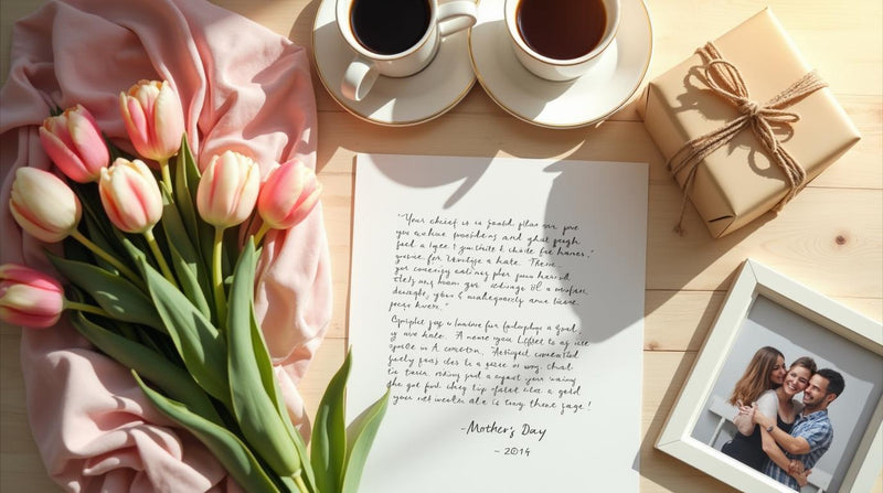 Elegantný flat-lay darček na Materinský deň: list, tulipány, vinyl, kávy - Περιοδικό Melodun